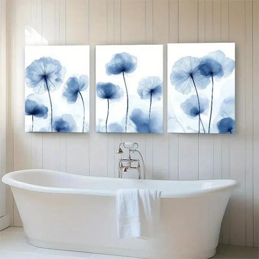 3pcs Elegant Blue Floral Minimalist Soft Perfect Wall Art Set Canvas Framed 40x60cm - High Quality Print 100% Australian Made Wall Canvas Ready to Hang