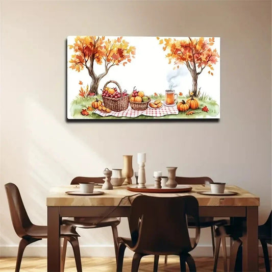 Autumn Fruit Trees Under Plaid Wall Art Canvas Office Home Room Framed 80x45cm
