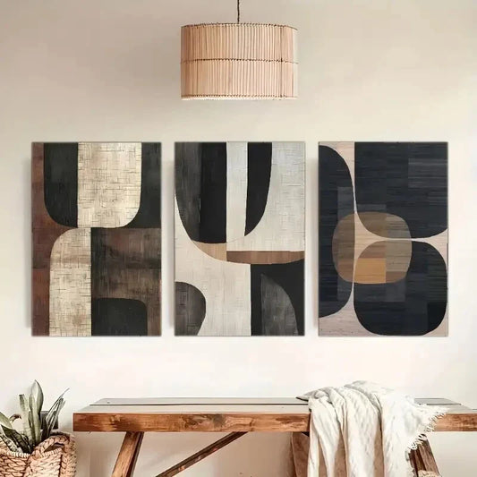 3pcs Beige Vase Style, Black & Brown Minimalist Metal Print Ready to Hang Art