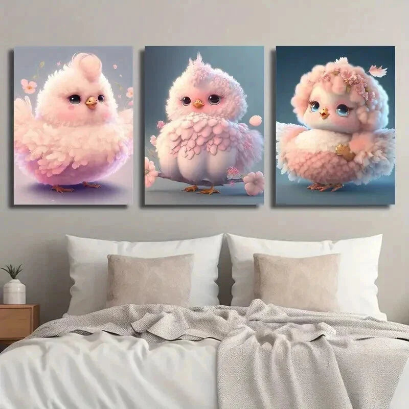 3pcs Adorable Pink Chick with Floral Accents Wall Art Set Canvas Framed 40x60cm - High Quality Print 100% Australian Made Wall Canvas Ready to Hang