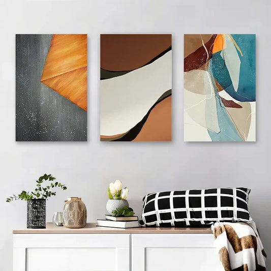 3pcs Soft Earth Tones & Bold Shapes, Modern Metal Print Ready to Hang Art