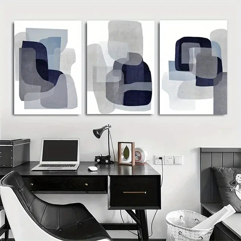 3pcs Navy Blue &amp; Gray White Abstract Metal Print Ready to Hang Art
