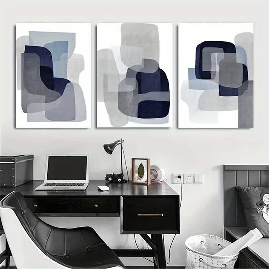 3pcs Navy Blue &amp; Gray White Abstract Metal Print Ready to Hang Art