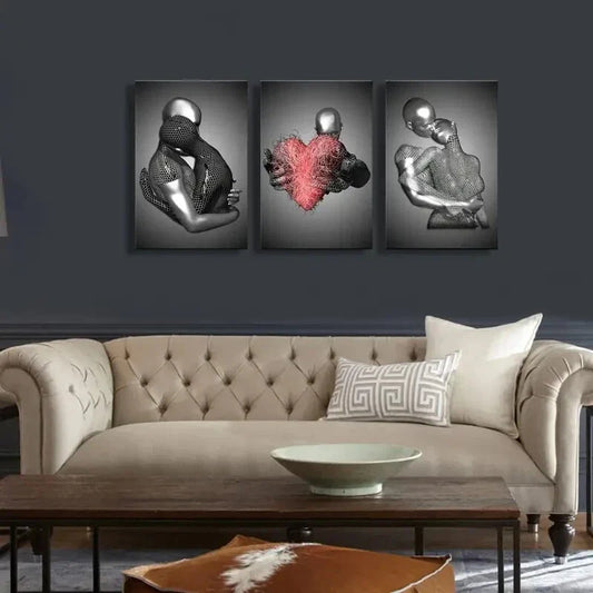 3pcs Sculpture Romantic Couple Hug Abstract Metal Print Ready to Hang Art