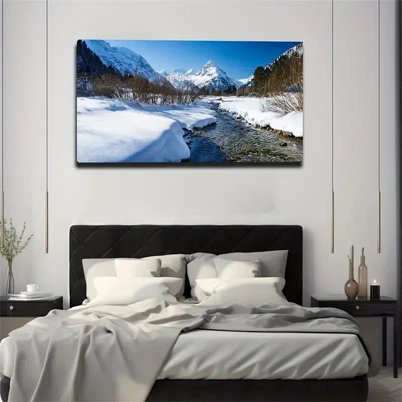 Snowy Mountains And River Wall Art Canvas Office Home Room Framed 80x45cm