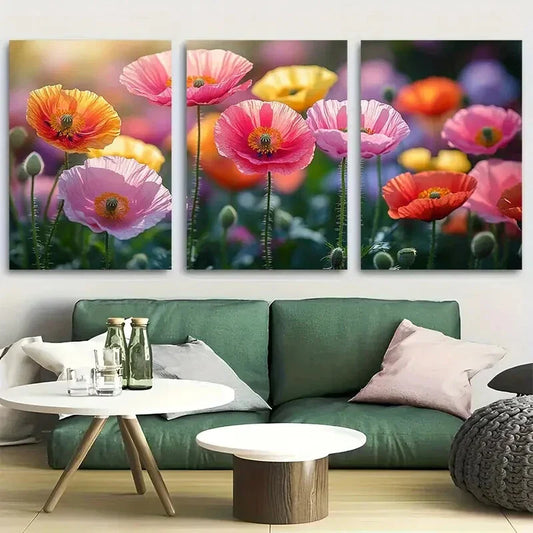 3pcs Vibrant Poppies Sunlit Garden Scene Metal Print Ready to Hang Art