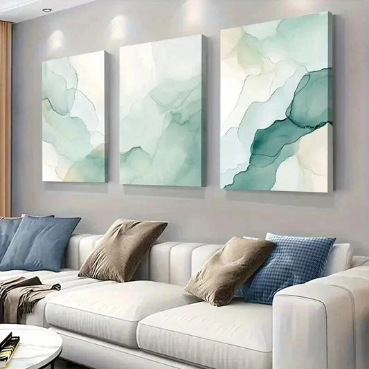 3pcs Elegant Green Abstract Watercolor Painting Wall Art Set Canvas Framed 40x60cm - High Quality Print 100% Australian Made Wall Canvas Ready to Hang
