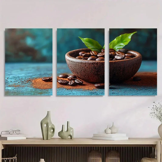 3pcs Vibrant Coffee Bean Green Leaves Metal Print Ready to Hang Art