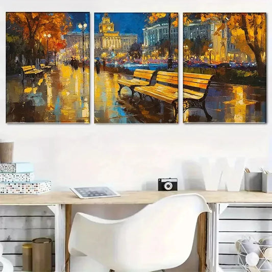 3pcs vibrant Autumn Night Cityscape Wall Art Set Canvas Framed 40x60cm - High Quality Print 100% Australian Made Wall Canvas Ready to Hang