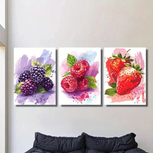 3pcs Vibrant fresh fruit art, grapes raspberries Metal Print Ready to Hang Art