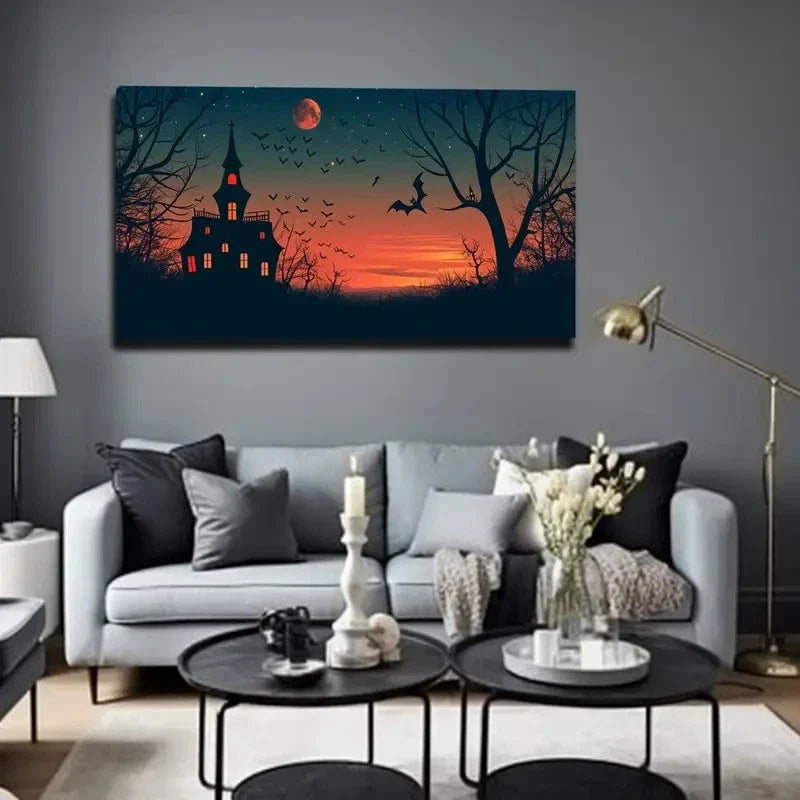Black And White Bat Castle Wall Art Canvas Office Home Room Framed 120x60cm