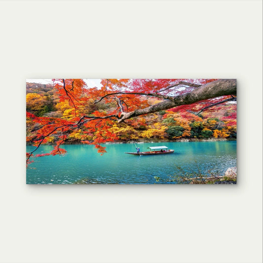 Autumn River Landscape with Boat Wall Art Canvas Office Home Framed 80x45cm