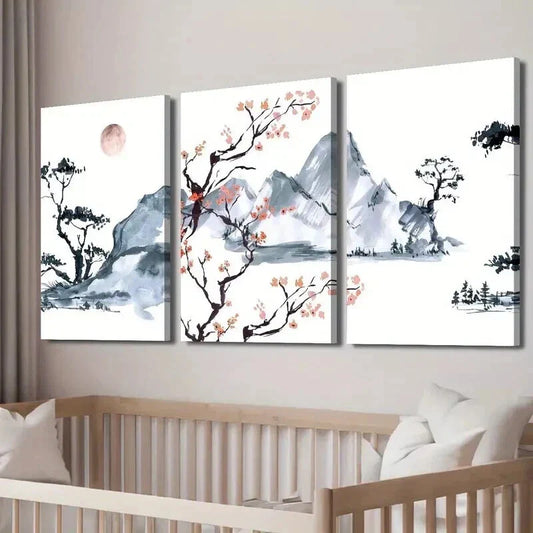 3pcs Japanese Cherry Blossom Landscape Wall Art Set Canvas Framed 40x60cm - High Quality Print 100% Australian Made Wall Canvas Ready to Hang
