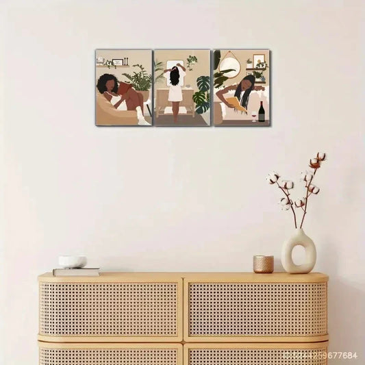 3pcs Black Girl Reading Tropical Plant Leaves Metal Print Ready to Hang Art