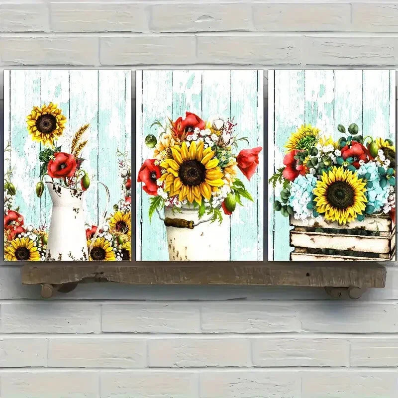 3pcs Sunflower Art Vintage Dormitory Poster Metal Print Ready to Hang Art