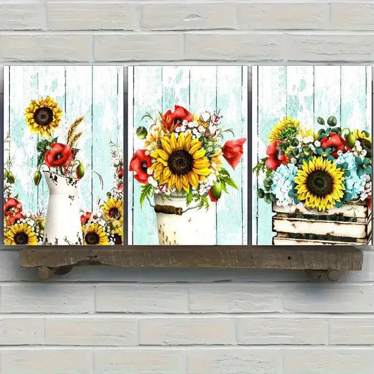 3pcs Sunflower Art Vintage Dormitory Poster Metal Print Ready to Hang Art