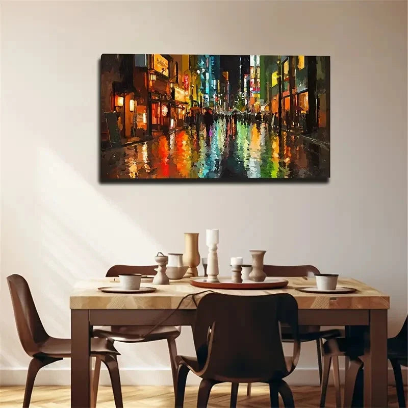 Rainy Night Cityscape Neon Wall Art Canvas Office Home Room Framed 80x45cm