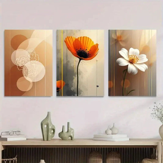3pcs Modern Abstract Floral Orange & White Metal Print Ready to Hang Art