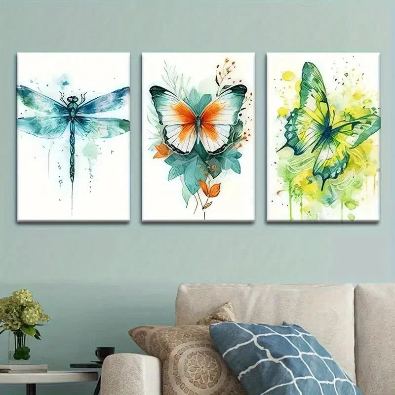 3pcs Vibrant Dragonfly and Butterfly Nature Metal Print Ready to Hang Art