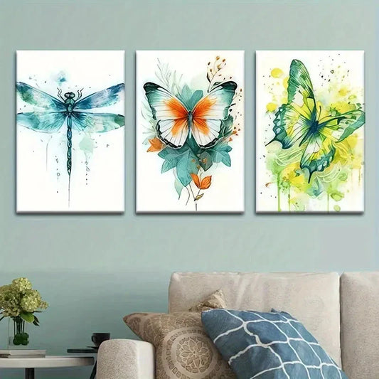 3pcs Vibrant Dragonfly and Butterfly Nature Metal Print Ready to Hang Art