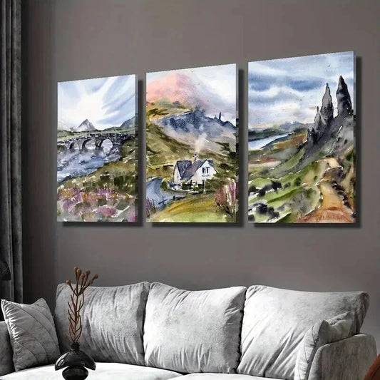 3pcs Watercolor Mountains River & Nature Wall Art Set Canvas Framed 40x60cm - High Quality Print 100% Australian Made Wall Canvas Ready to Hang