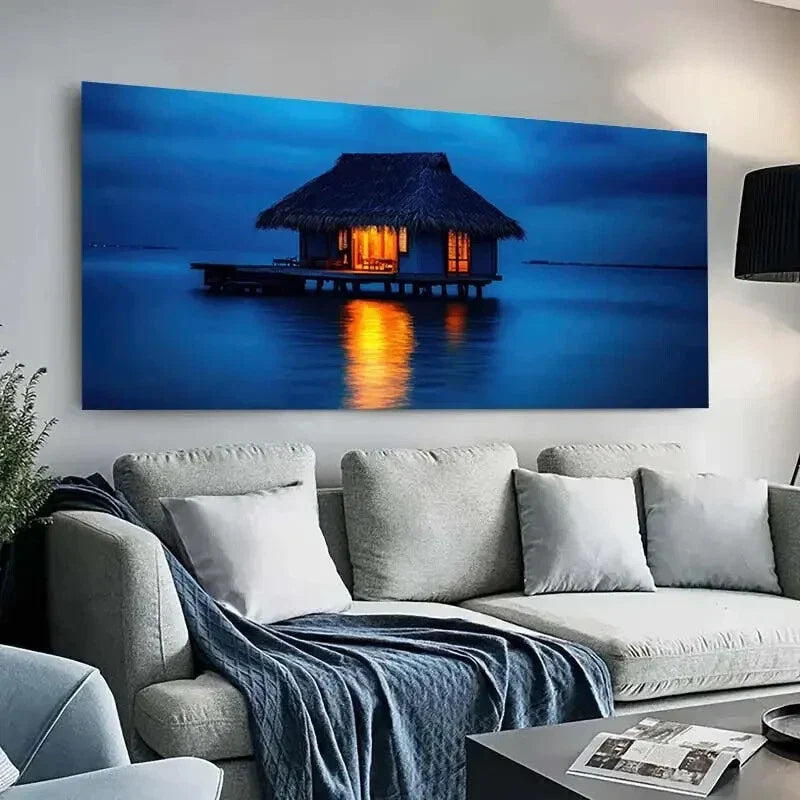 Lake Bungalow Glow Sunset wall canvas office home room framed 120x60cm