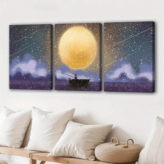 3pcs Tranquil Fishing Scene on a Full Moon Day Wall Art Set Canvas Framed 40x60cm - High Quality Print 100% Australian Made Wall Canvas Ready to Hang
