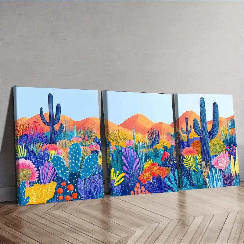 3pcs Colorful Cactus & Floral Garden Scene  Wall Art Set Canvas Framed 40x60cm - High Quality Print 100% Australian Made Wall Canvas Ready to Hang