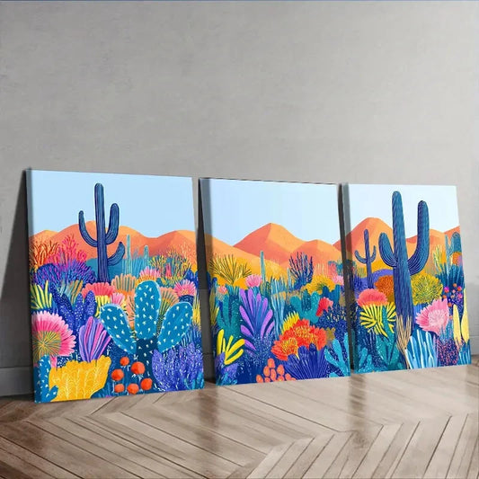 3pcs Colorful Cactus & Floral Garden Scene  Wall Art Set Canvas Framed 40x60cm - High Quality Print 100% Australian Made Wall Canvas Ready to Hang