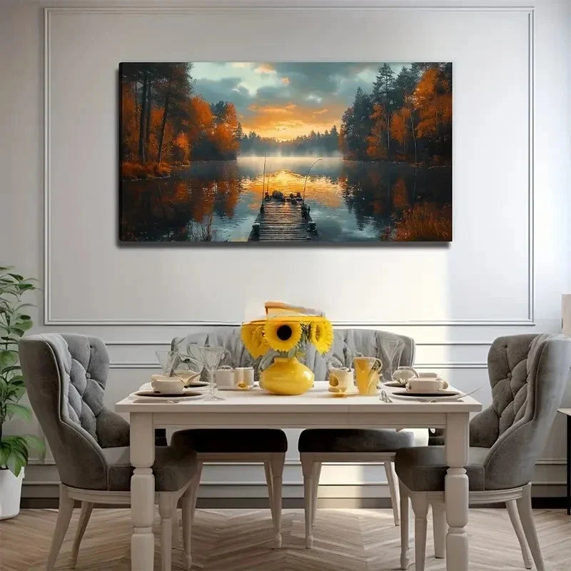 Sunset Dock Landscape Painting Wall Art Canvas Office Home Room Framed 80x45cm