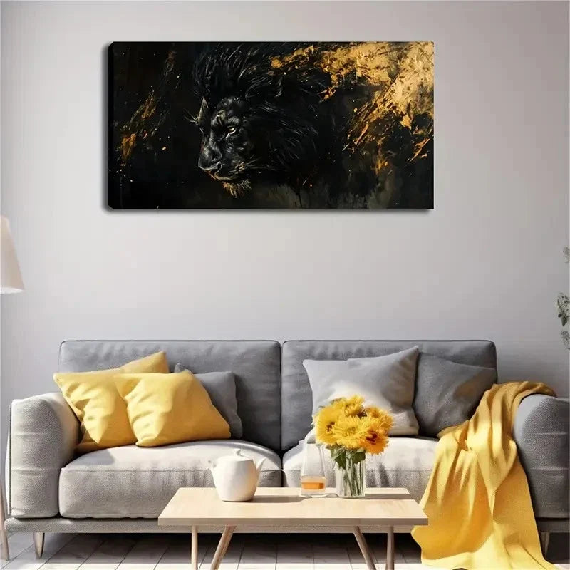 Black Lion Golden Mane Modern Wall Art Canvas Office Home Room Framed 80x45cm
