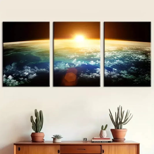 3pcs Space sunrise scenery - earth paintings Wall Art Set Canvas Framed 40x60cm - High Quality Print 100% Australian Made Wall Canvas Ready to Hang