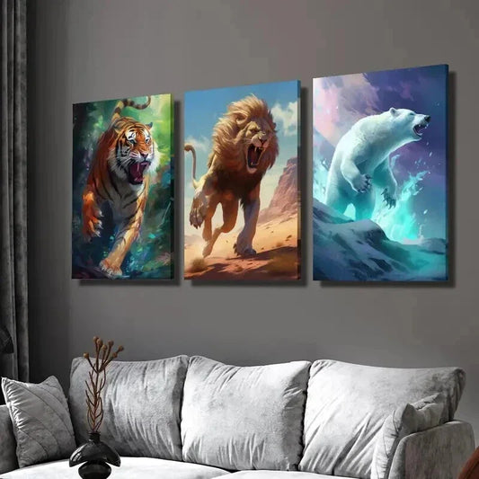 3pcs Ferocious Tiger Lion and Polar Bear Wall Art Set Canvas Framed 40x60cm - High Quality Print 100% Australian Made Wall Canvas Ready to Hang