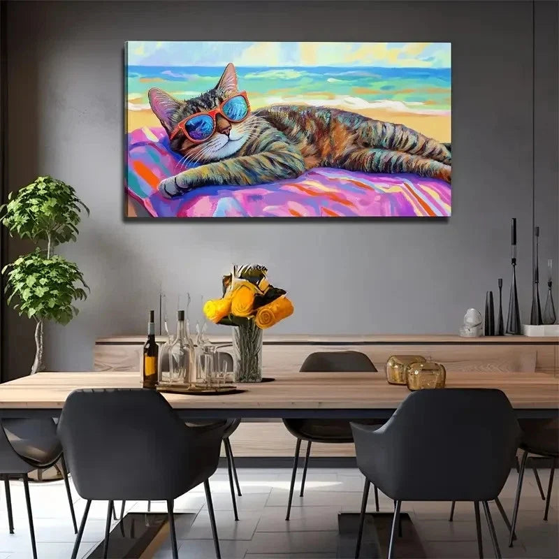 Vibrant Beach Cat Decor Wall Art Canvas Office Home Room Framed 120x60cm
