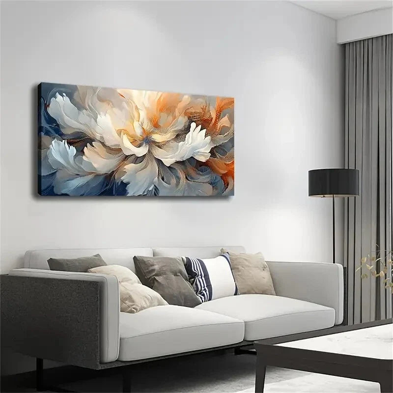 Orange & Blue Flower Design Wall Art Canvas Office Home Room Framed 120x60cm