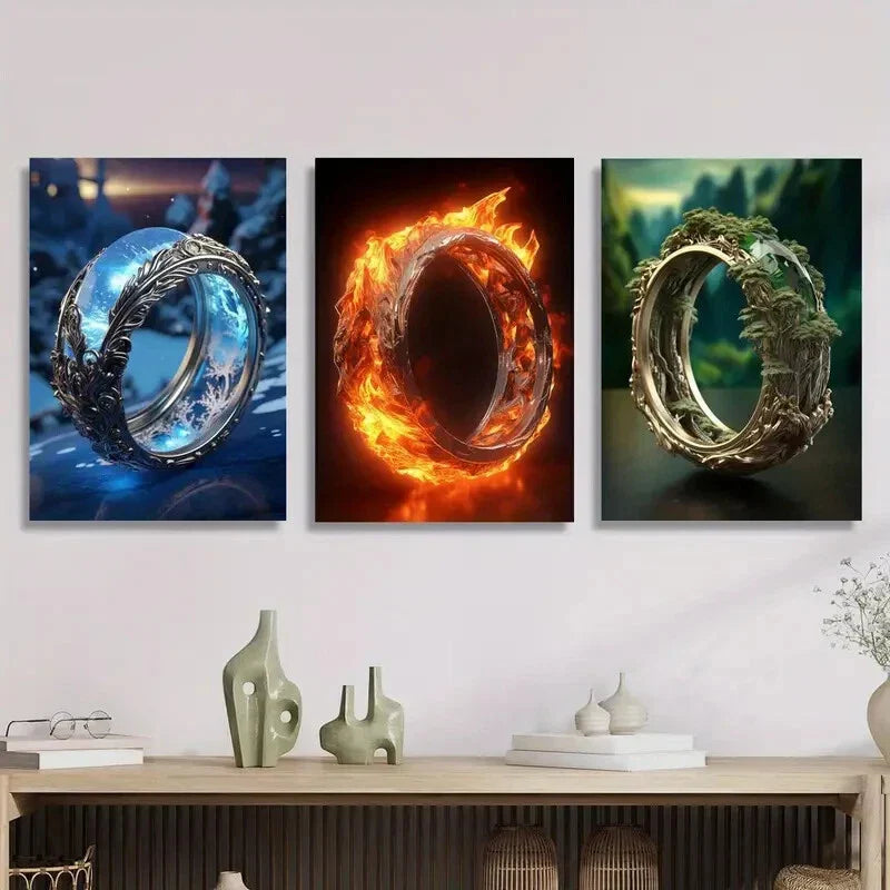 3pcs Fantasy blue ring, burning fire ring,  Metal Print Ready to Hang Art