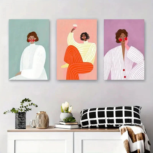 3pcs Minimalist Women with Stripes and Bold Metal Print Ready to Hang Art