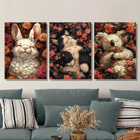 3pcs Adorable Rabbit, Cat & Koala Sleeping  Metal Print Ready to Hang Art