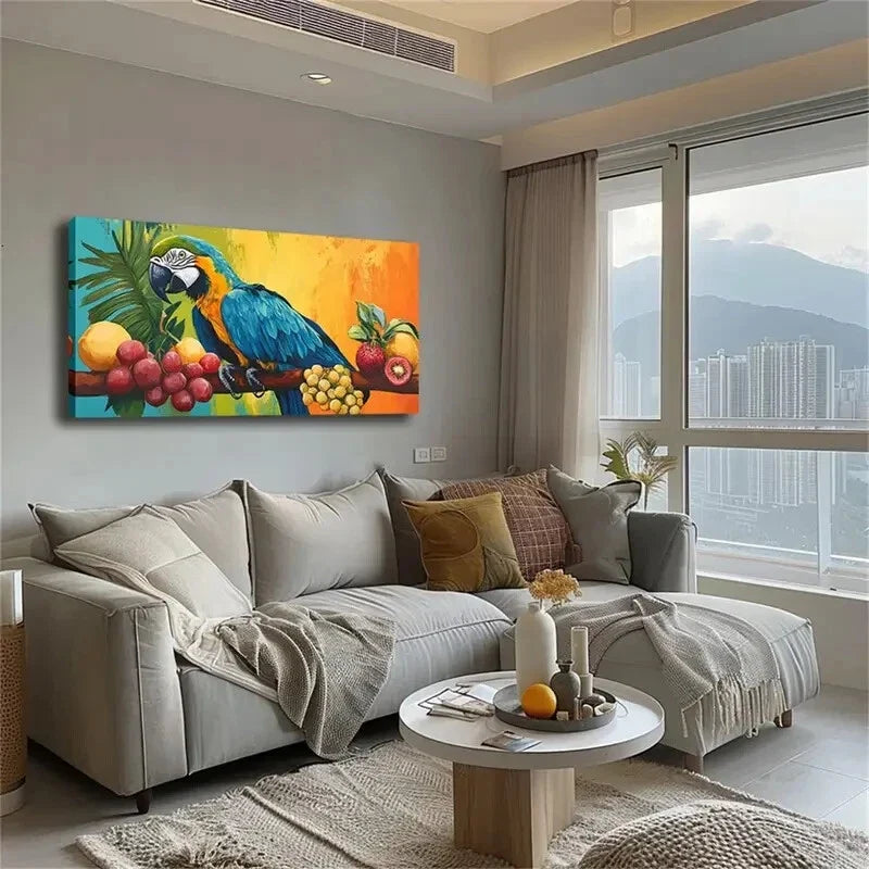 Parrot & Fruit Branch Décor Wall Art Canvas Office Home Room Framed 120x60cm