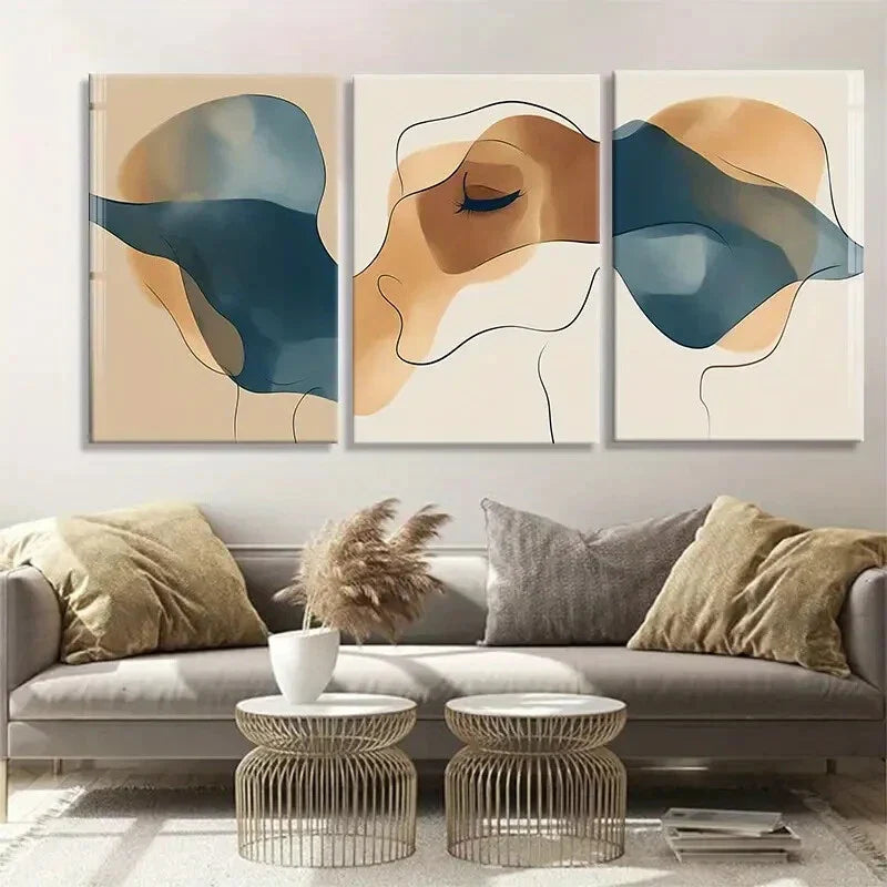3pcs Fluid Shapes in Blue and Beige Perfect Wall Art Set Canvas Framed 40x60cm - High Quality Print 100% Australian Made Wall Canvas Ready to Hang
