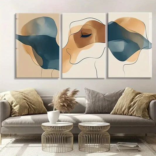 3pcs Fluid Shapes in Blue and Beige Perfect Wall Art Set Canvas Framed 40x60cm - High Quality Print 100% Australian Made Wall Canvas Ready to Hang