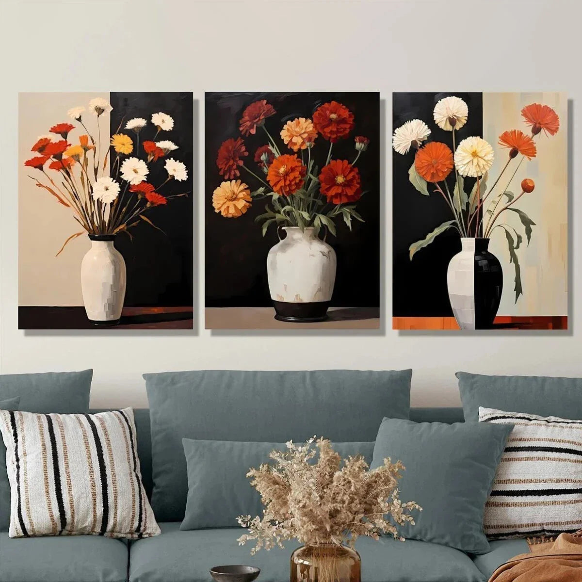 3pcs Vase Plants And Flowers Modern Retro Metal Print Ready to Hang Art