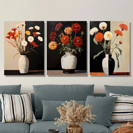 3pcs Vase Plants And Flowers Modern Retro Metal Print Ready to Hang Art