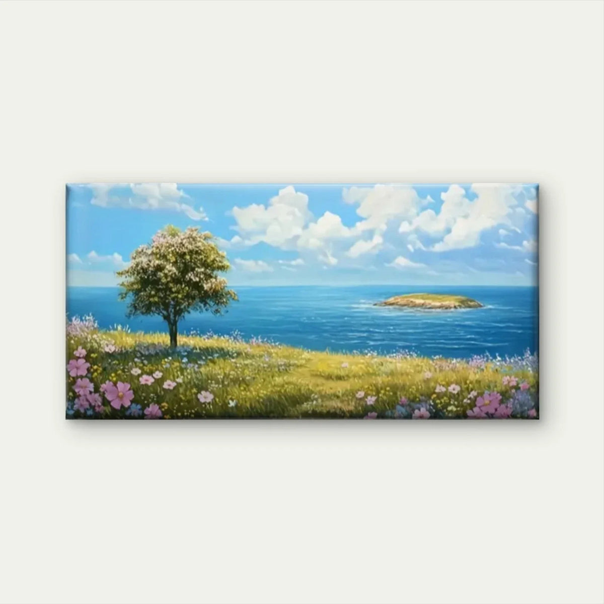 Trees Hill Overlooking Ccean Wall Art Canvas Office Home Room Framed 80x45cm