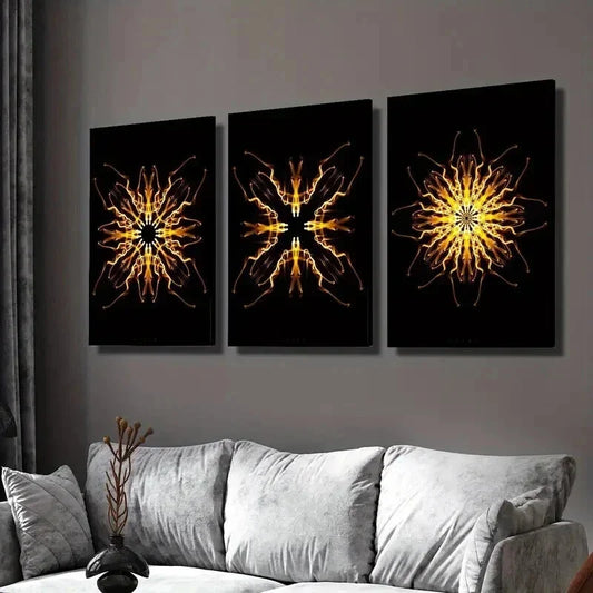 3pcs Abstract Psychedelic Golden Kaleidoscope Wall Art Set Canvas Framed 40x60cm - High Quality Print 100% Australian Made Wall Canvas Ready to Hang
