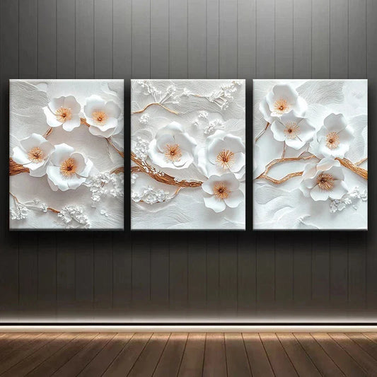 3pcs Abstract Charming Flowers White Yellow Metal Print Ready to Hang Art