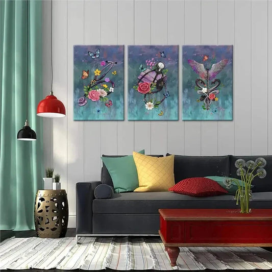 3pcs  Medical Paintings Stethoscope Snake Wing  Metal Print Ready to Hang Art