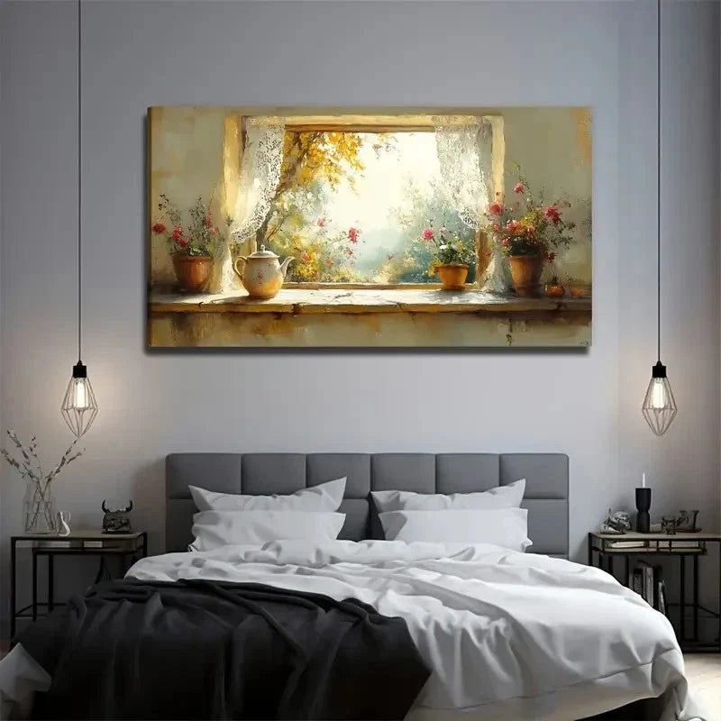 Floral Arrangement Windowsils Wall Art Canvas Office Home Room Framed 80x45cm