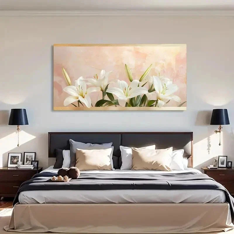 White Flowers with Green Leaves Wall Art Canvas Office Home Room Framed 80x45cm