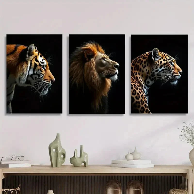 3pcs Tiger, Lion & Leopard Realistic Animal  Metal Print Ready to Hang Art